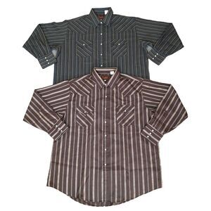 Lot of 2 Plains Western Wear Mens Snap Button Down Shirt XL‎ Brown Strip